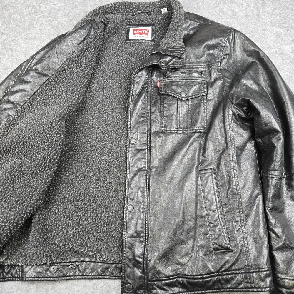 Levi's‎ Faux Leather Sherpa Fleece Lined Bomber Jacket Mens Size XL Black Biker